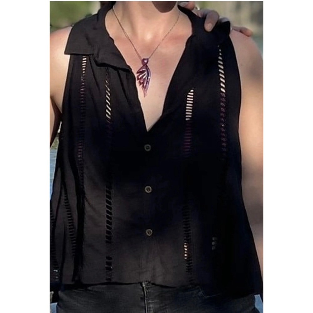 Free People S Black Cutout Openwork Sleeveless Button Front Boho Blouse Top